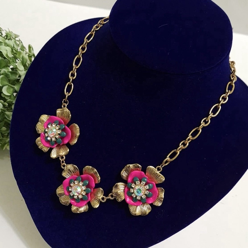Floral Flower Statement Necklace‎ Pink Green Gold Aurora Borealis Crystals